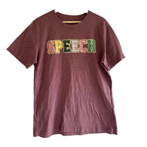 Womens L‎ Burgundy Speech Tee Graphic T-Shirt Short Sleeve Casual Top